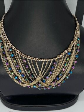 Vintage West Germany Multi Strand Bib Necklace Aurora Borealis Glass Beads